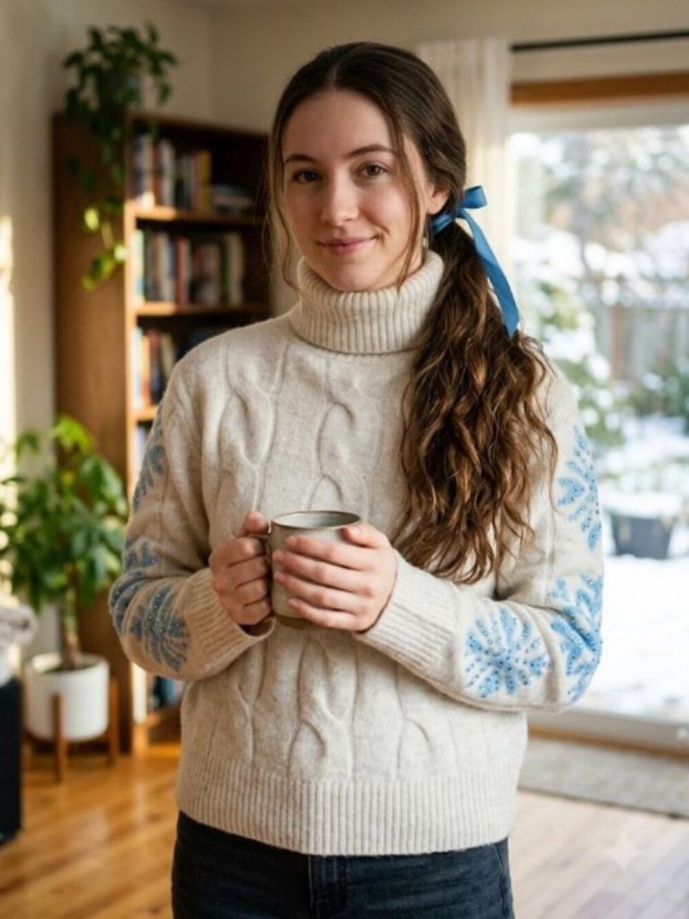 CeCe Cozy Cream Turtleneck with Blue Snowflake Accents